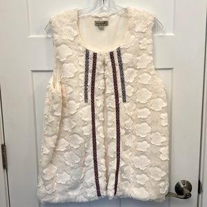 One World Faux Ivory Fur Vest, size Med, Ribbons sewn down the front, boho